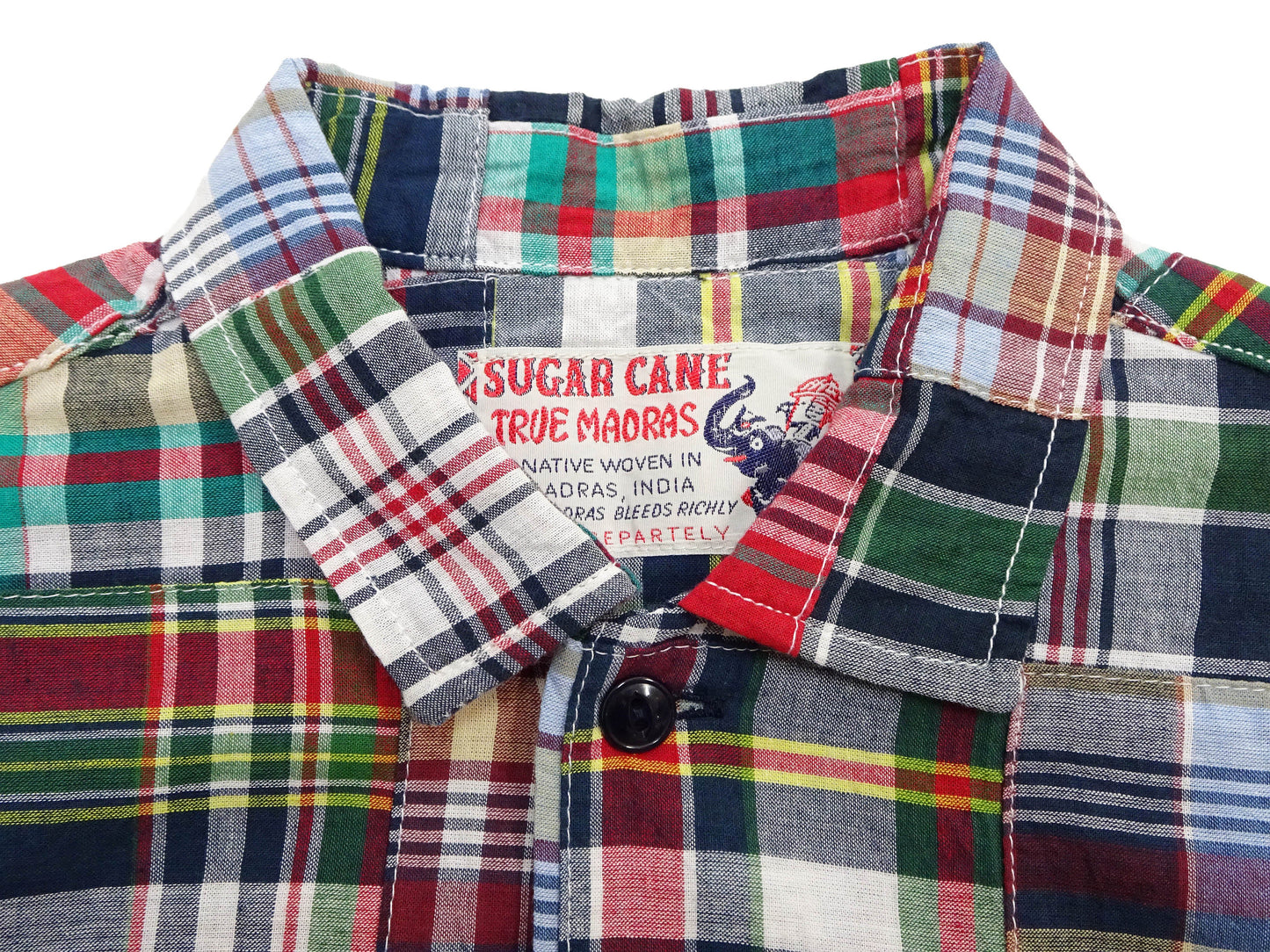 Sugar Cane Men's Madras Plaid Patchwork Open-Collar Camp Shirt - Short Sleeve - One Wash - Made in Japan (SC39739 165 Red)