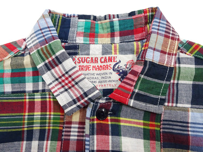 Sugar Cane Men's Madras Plaid Patchwork Open-Collar Camp Shirt - Short Sleeve - One Wash - Made in Japan (SC39739 165 Red)