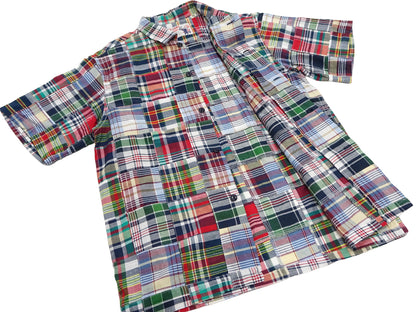 Sugar Cane Men's Madras Plaid Patchwork Open-Collar Camp Shirt - Short Sleeve - One Wash - Made in Japan (SC39739 165 Red)