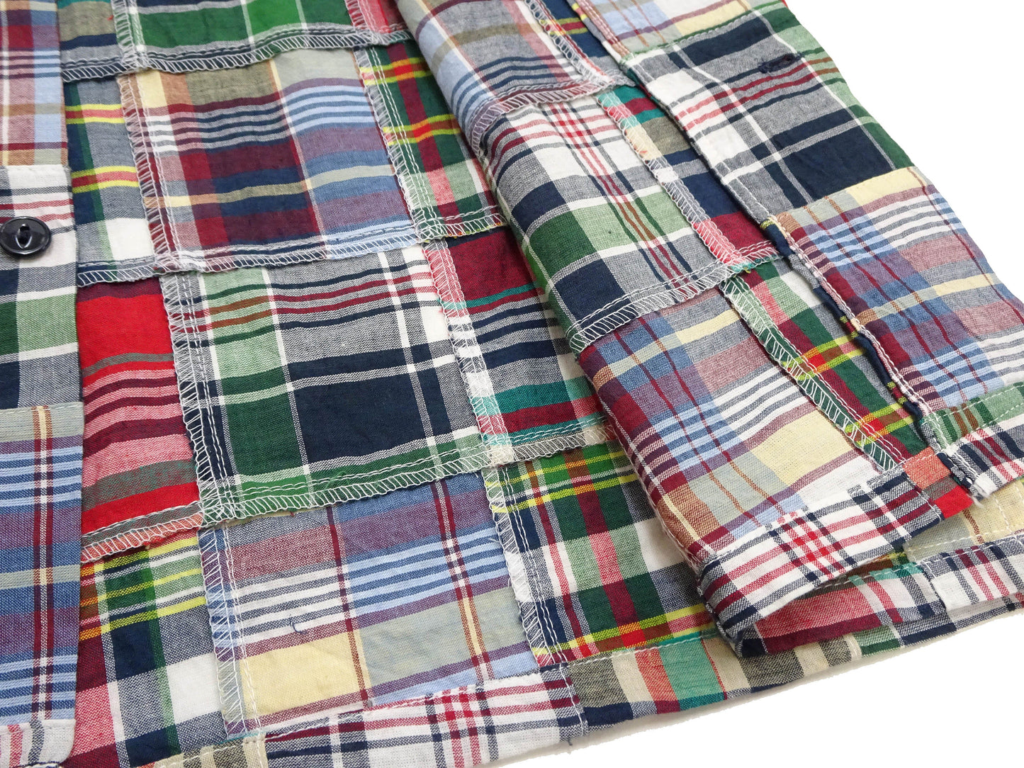Sugar Cane Men's Madras Plaid Patchwork Open-Collar Camp Shirt - Short Sleeve - One Wash - Made in Japan (SC39739 165 Red)