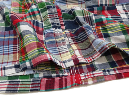 Sugar Cane Men's Madras Plaid Patchwork Open-Collar Camp Shirt - Short Sleeve - One Wash - Made in Japan (SC39739 165 Red)