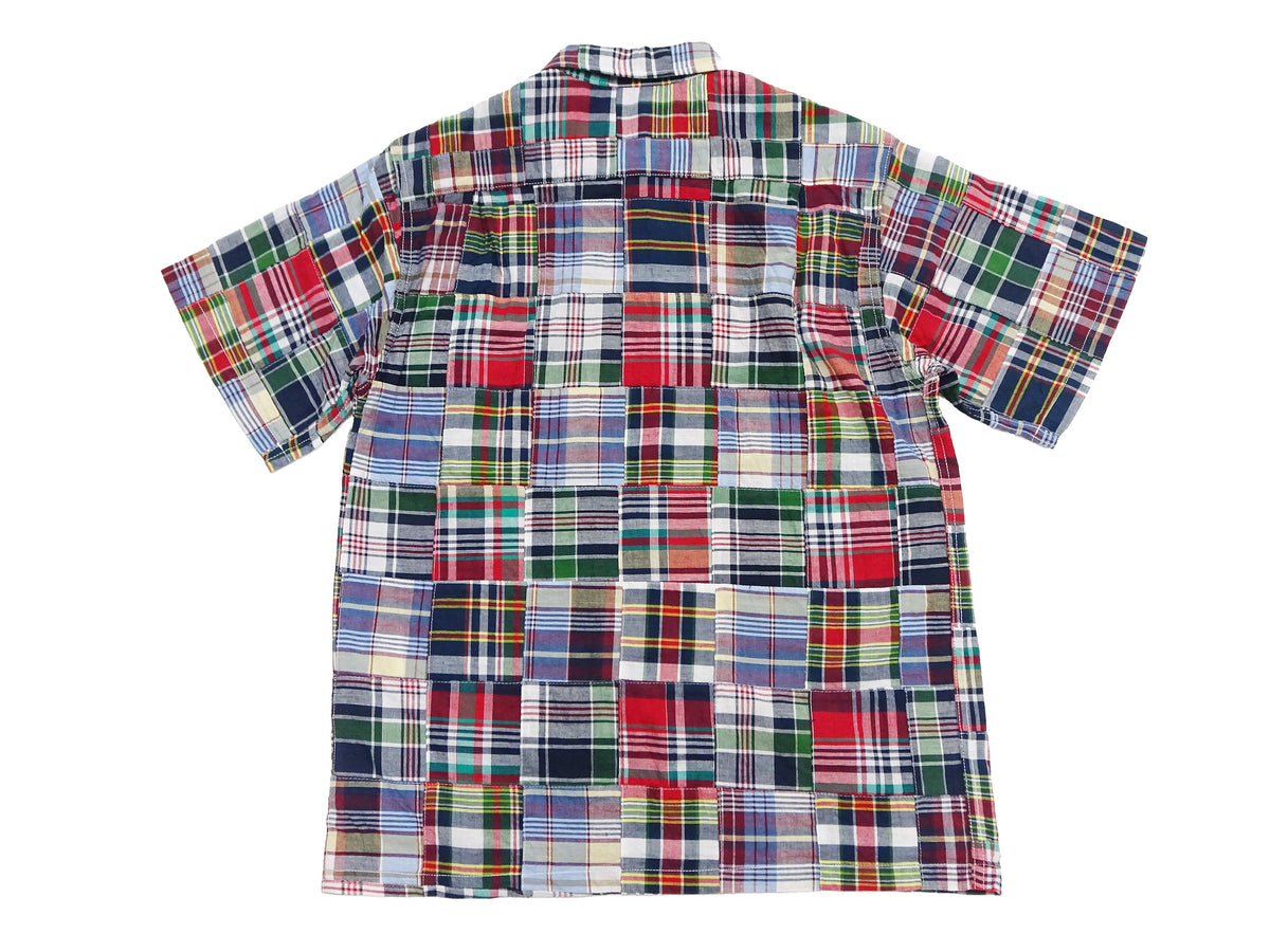 Sugar Cane Men's Madras Plaid Patchwork Open-Collar Camp Shirt - Short Sleeve - One Wash - Made in Japan (SC39739 165 Red)