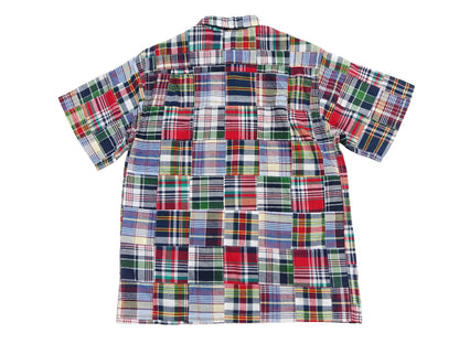 Sugar Cane Men's Madras Plaid Patchwork Open-Collar Camp Shirt - Short Sleeve - One Wash - Made in Japan (SC39739 165 Red)