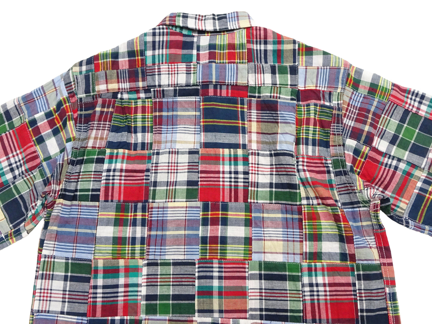 Sugar Cane Men's Madras Plaid Patchwork Open-Collar Camp Shirt - Short Sleeve - One Wash - Made in Japan (SC39739 165 Red)
