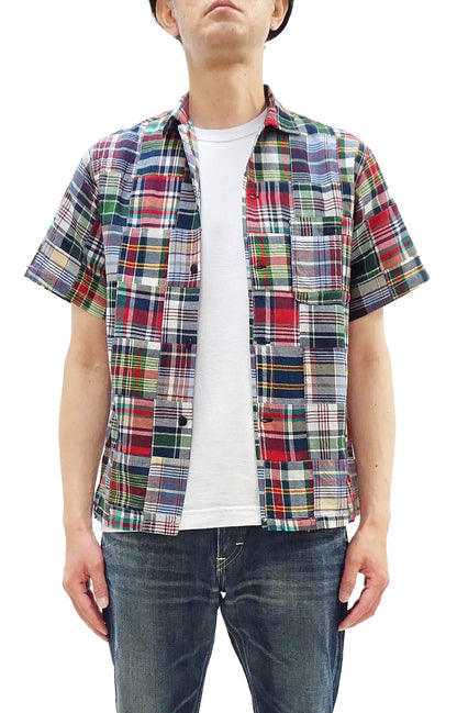 Sugar Cane Men's Madras Plaid Patchwork Open-Collar Camp Shirt - Short Sleeve - One Wash - Made in Japan (SC39739 165 Red)