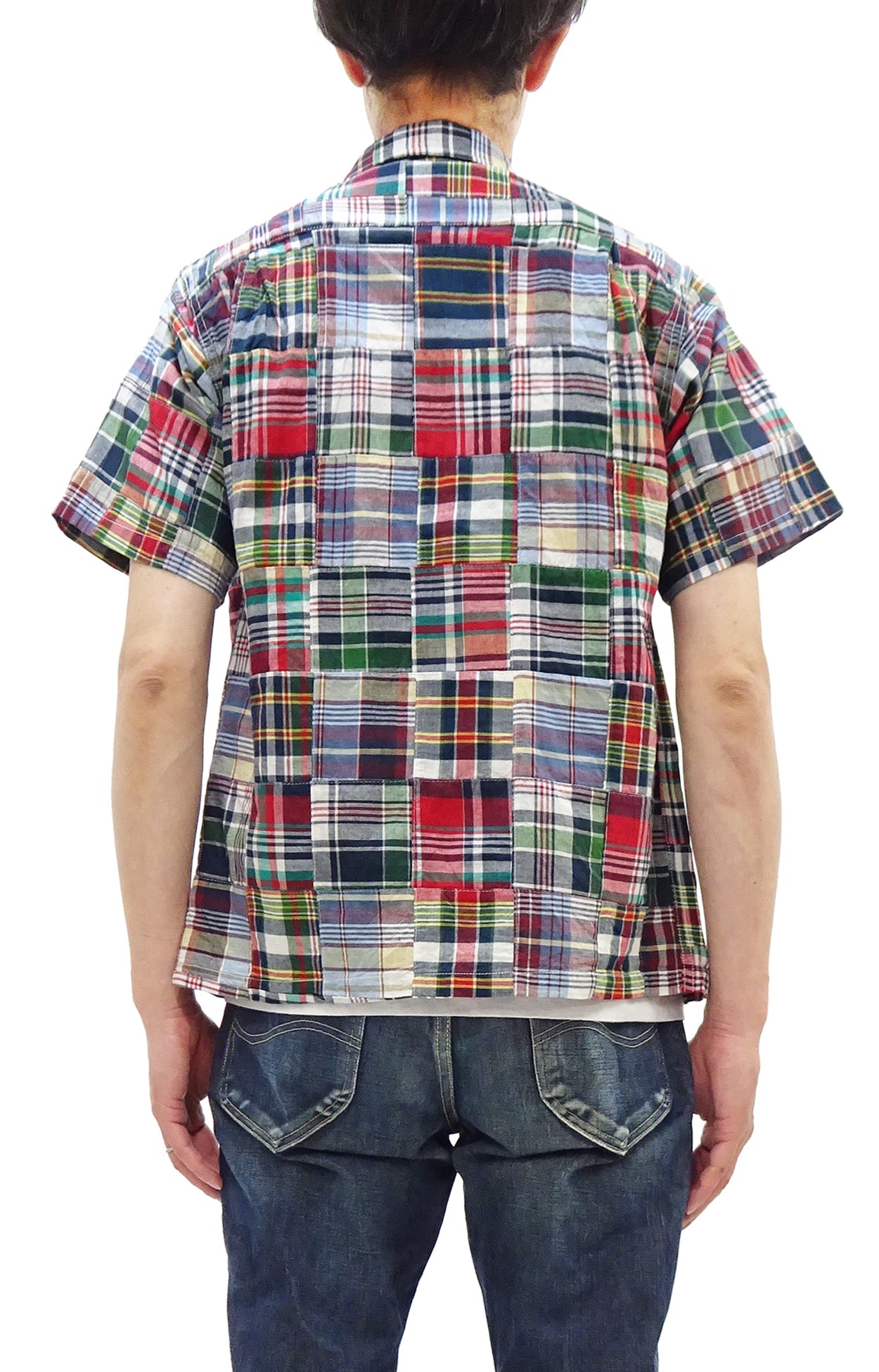 Sugar Cane Men's Madras Plaid Patchwork Open-Collar Camp Shirt - Short Sleeve - One Wash - Made in Japan (SC39739 165 Red)