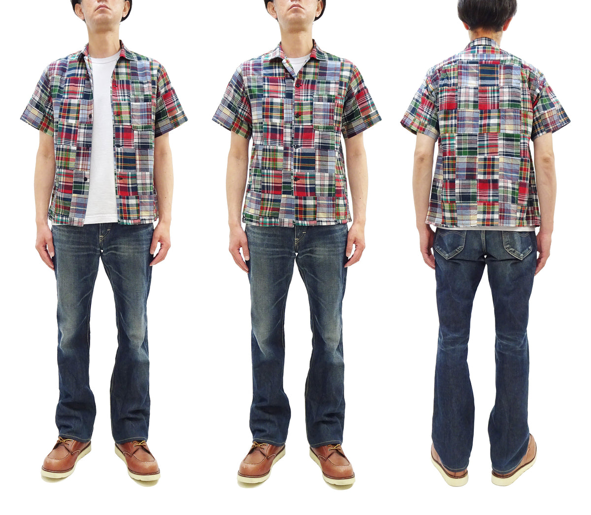Sugar Cane Men's Madras Plaid Patchwork Open-Collar Camp Shirt - Short Sleeve - One Wash - Made in Japan (SC39739 165 Red)