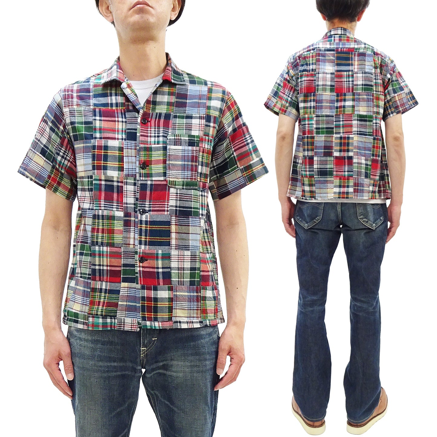 Sugar Cane Men's Madras Plaid Patchwork Open-Collar Camp Shirt - Short Sleeve - One Wash - Made in Japan (SC39739 165 Red)