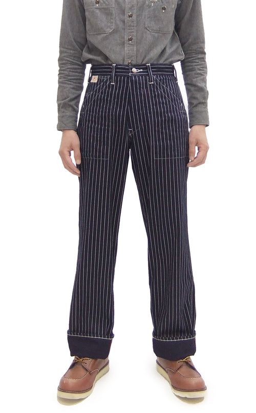 Sugar Cane Wabash Stripe Engineer Pants - Relaxed Straight Fit / Button Fly - Men's Casual 9 Oz. Railway Work Trousers Work Pants SC40786 Indigo-Navy One-Wash