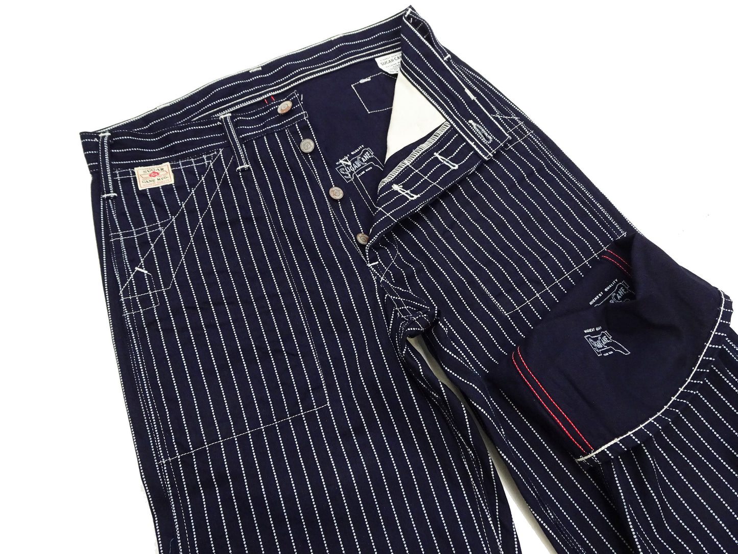 Sugar Cane Wabash Stripe Engineer Pants - Relaxed Straight Fit / Button Fly - Men's Casual 9 Oz. Railway Work Trousers Work Pants SC40786 Indigo-Navy One-Wash