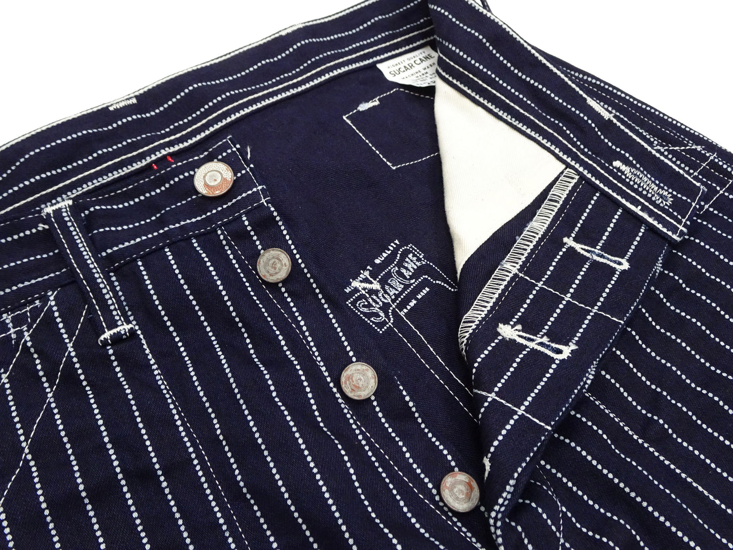 Sugar Cane Wabash Stripe Engineer Pants - Relaxed Straight Fit / Button Fly - Men's Casual 9 Oz. Railway Work Trousers Work Pants SC40786 Indigo-Navy One-Wash