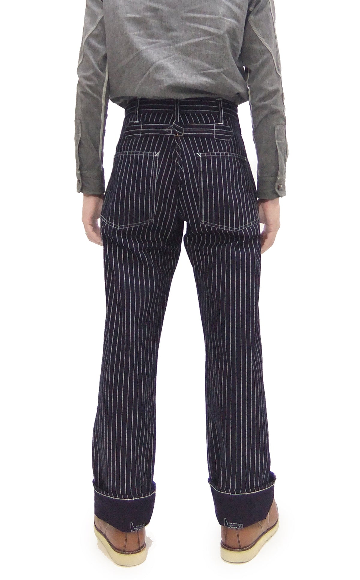 Sugar Cane Wabash Stripe Engineer Pants - Relaxed Straight Fit / Button Fly - Men's Casual 9 Oz. Railway Work Trousers Work Pants SC40786 Indigo-Navy One-Wash