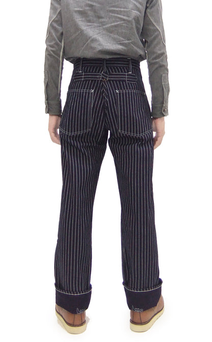 Sugar Cane Wabash Stripe Engineer Pants - Relaxed Straight Fit / Button Fly - Men's Casual 9 Oz. Railway Work Trousers Work Pants SC40786 Indigo-Navy One-Wash