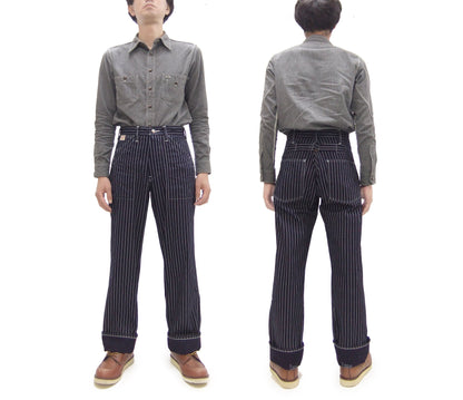 Sugar Cane Wabash Stripe Engineer Pants - Relaxed Straight Fit / Button Fly - Men's Casual 9 Oz. Railway Work Trousers Work Pants SC40786 Indigo-Navy One-Wash