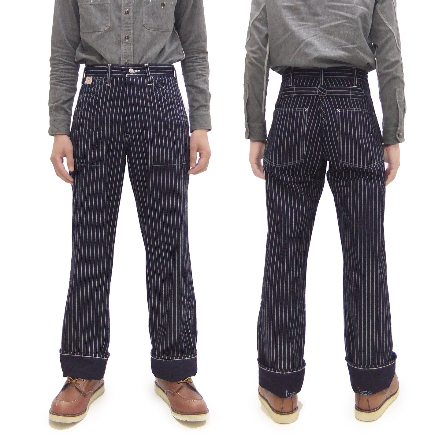 Sugar Cane Wabash Stripe Engineer Pants - Relaxed Straight Fit / Button Fly - Men's Casual 9 Oz. Railway Work Trousers Work Pants SC40786 Indigo-Navy One-Wash