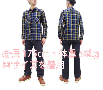 Samurai Jeans Indigo Plaid Flannel Shirt Men's Heavyweight Long Sleeve Button Up Work Shirt SIN23-01 Indigo/Blue Plaid