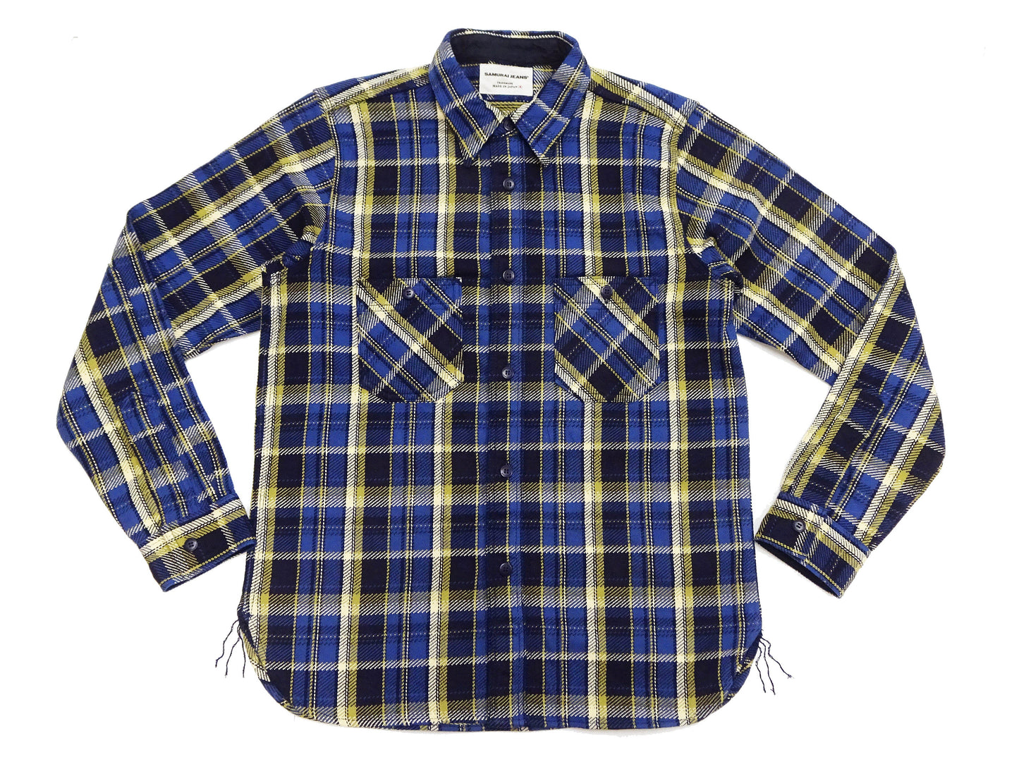 Samurai Jeans Indigo Plaid Flannel Shirt Men's Heavyweight Long Sleeve Button Up Work Shirt SIN23-01 Indigo/Blue Plaid