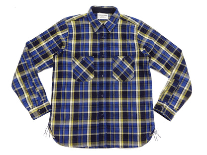 Samurai Jeans Indigo Plaid Flannel Shirt Men's Heavyweight Long Sleeve Button Up Work Shirt SIN23-01 Indigo/Blue Plaid