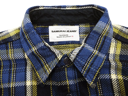 Samurai Jeans Indigo Plaid Flannel Shirt Men's Heavyweight Long Sleeve Button Up Work Shirt SIN23-01 Indigo/Blue Plaid