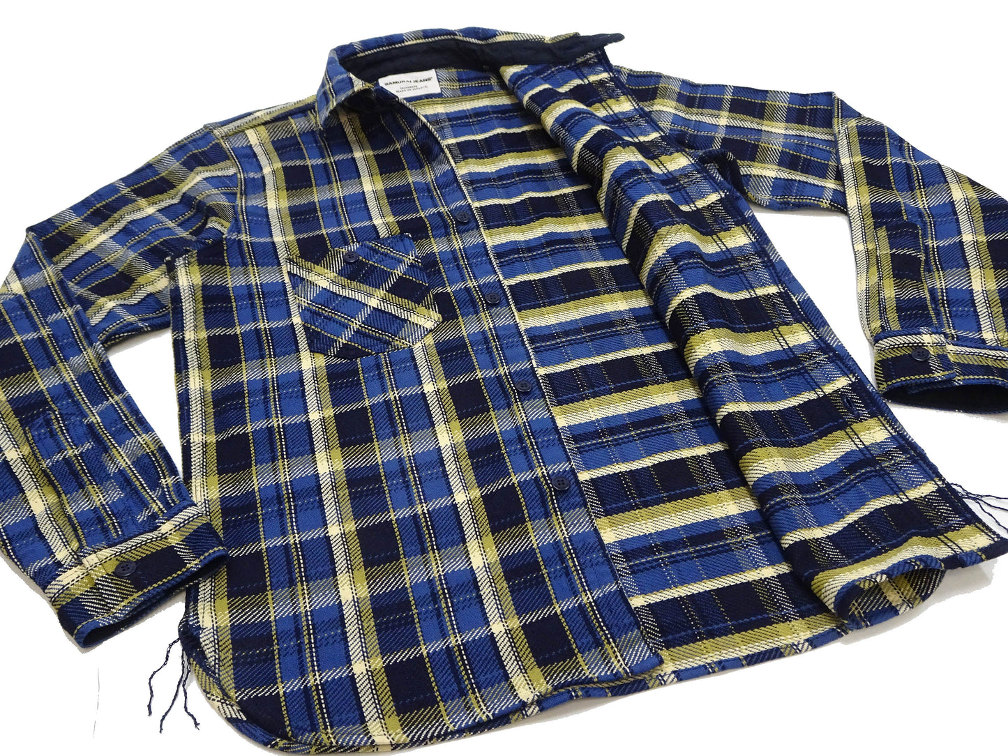 Samurai Jeans Indigo Plaid Flannel Shirt Men's Heavyweight Long Sleeve Button Up Work Shirt SIN23-01 Indigo/Blue Plaid