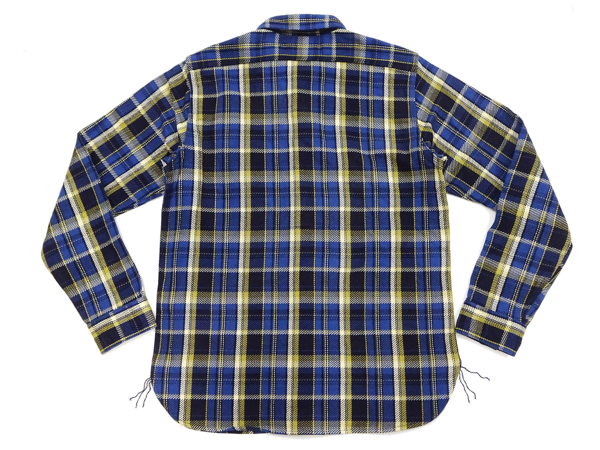 Samurai Jeans Indigo Plaid Flannel Shirt Men's Heavyweight Long Sleeve Button Up Work Shirt SIN23-01 Indigo/Blue Plaid