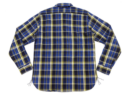 Samurai Jeans Indigo Plaid Flannel Shirt Men's Heavyweight Long Sleeve Button Up Work Shirt SIN23-01 Indigo/Blue Plaid