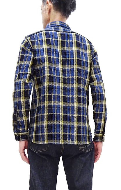 Samurai Jeans Indigo Plaid Flannel Shirt Men's Heavyweight Long Sleeve Button Up Work Shirt SIN23-01 Indigo/Blue Plaid