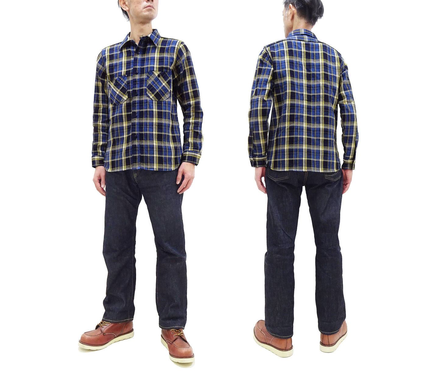 Samurai Jeans Indigo Plaid Flannel Shirt Men's Heavyweight Long Sleeve Button Up Work Shirt SIN23-01 Indigo/Blue Plaid