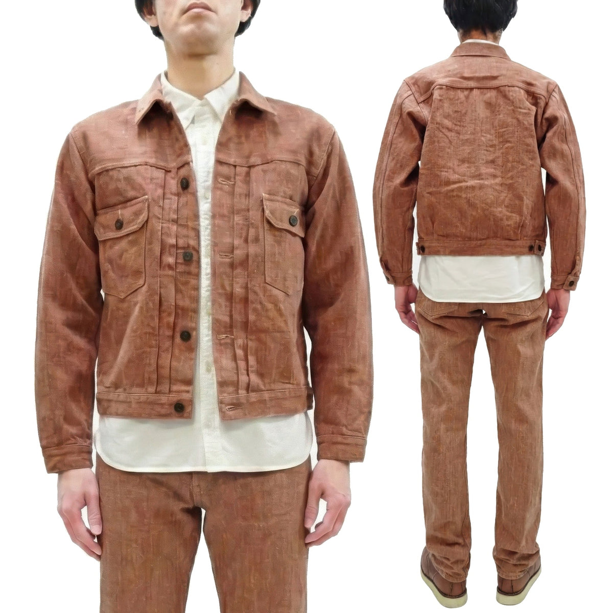 Studio D'artisan Denim Jacket SP-109 Men's 16oz. Natural Persimmon Tannin-Dyed Slub Selvedge Denim 1953 Type 2 Style Jean Jacket Reddish-brown One-Wash