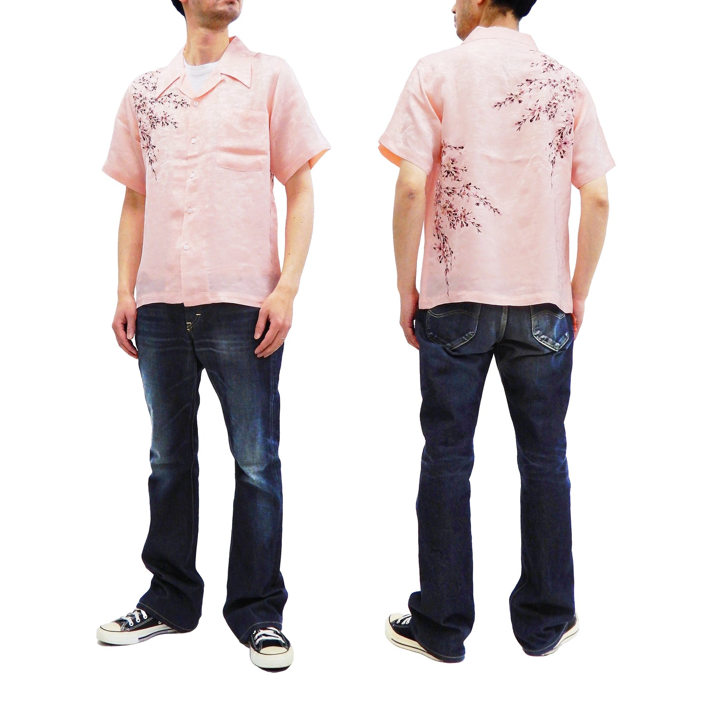 Hanatabi Gakudan Men's S/S Jacquard Shirt with Japanese Art Embroidery SS-001 Pink