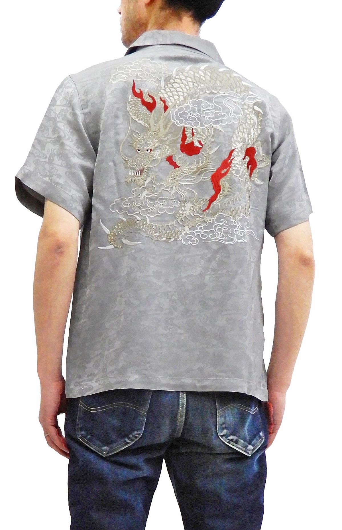 Hanatabi Gakudan Men's S/S Jacquard Shirt with Japanese Art Embroidery SS-003 Gray