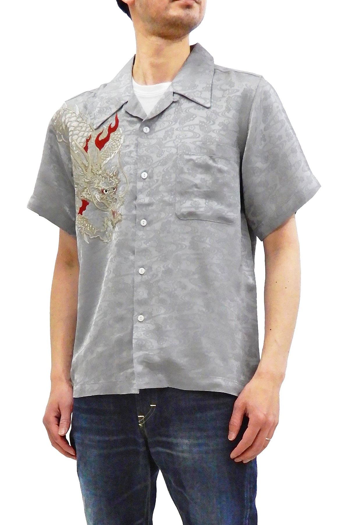 Hanatabi Gakudan Men's S/S Jacquard Shirt with Japanese Art Embroidery SS-003 Gray