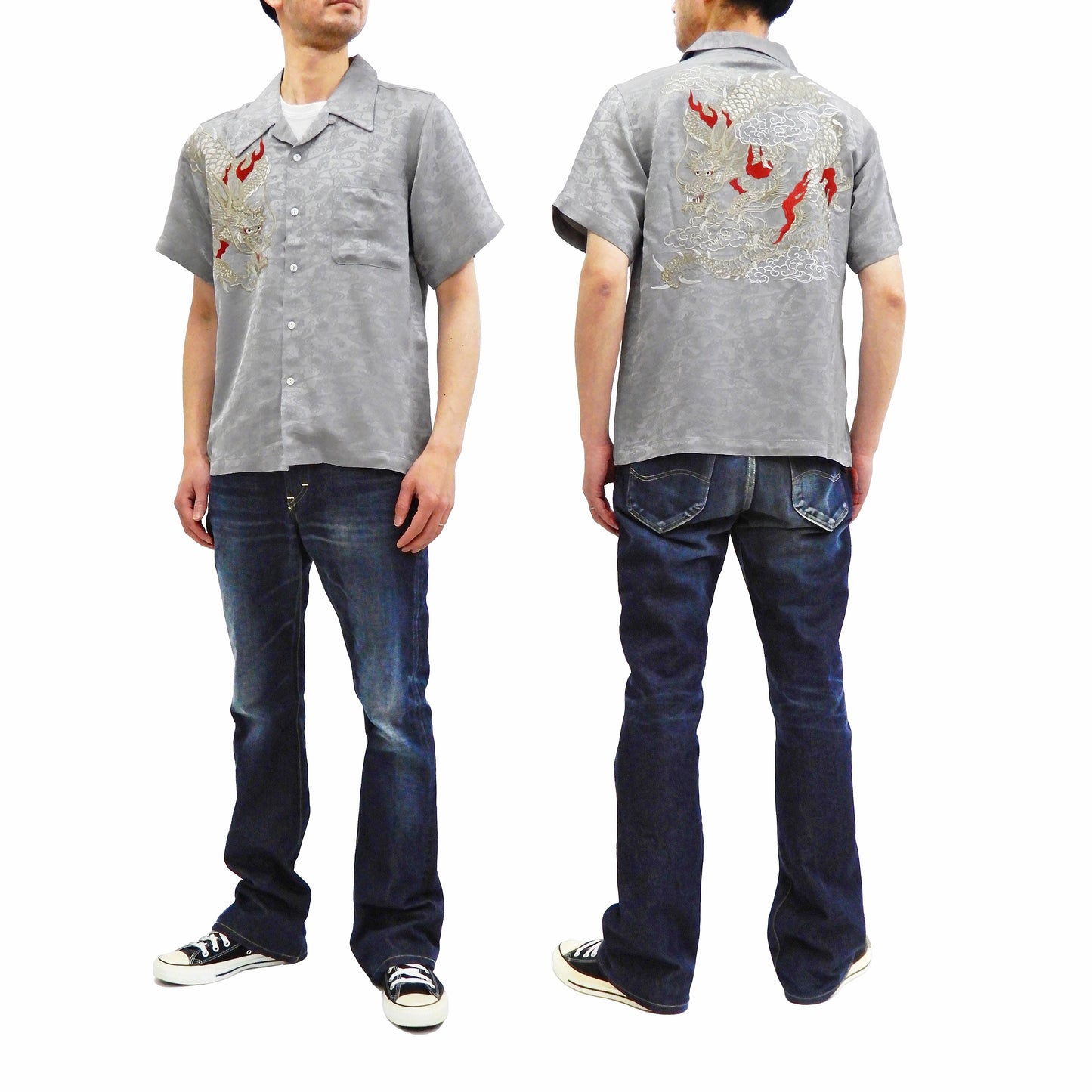 Hanatabi Gakudan Men's S/S Jacquard Shirt with Japanese Art Embroidery SS-003 Gray