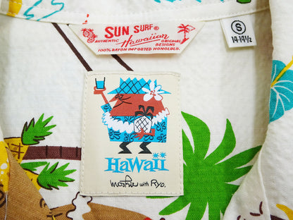 Sun Surf Men's Cotton Hawaiian Shirt - Uncle Torys Graphic Design - Short-Sleeve Aloha Shirt "TRIP TO HAWAII" SS39537 105 Off-White