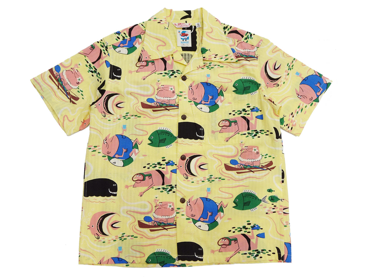 Sun Surf Men's Cotton Hawaiian Shirt - Uncle Torys Graphic Design - Short-Sleeve Aloha Shirt "Ocean Activities" SS39538 155 Yellow