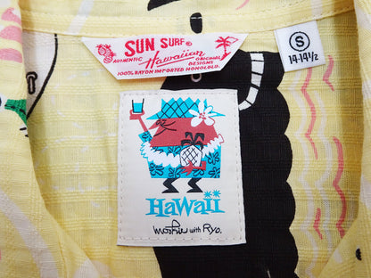 Sun Surf Men's Cotton Hawaiian Shirt - Uncle Torys Graphic Design - Short-Sleeve Aloha Shirt "Ocean Activities" SS39538 155 Yellow