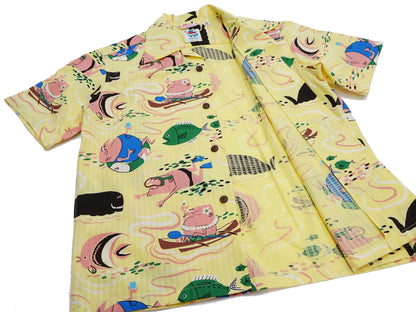Sun Surf Men's Cotton Hawaiian Shirt - Uncle Torys Graphic Design - Short-Sleeve Aloha Shirt "Ocean Activities" SS39538 155 Yellow