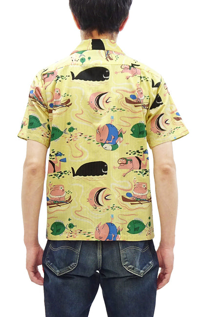 Sun Surf Men's Cotton Hawaiian Shirt - Uncle Torys Graphic Design - Short-Sleeve Aloha Shirt "Ocean Activities" SS39538 155 Yellow