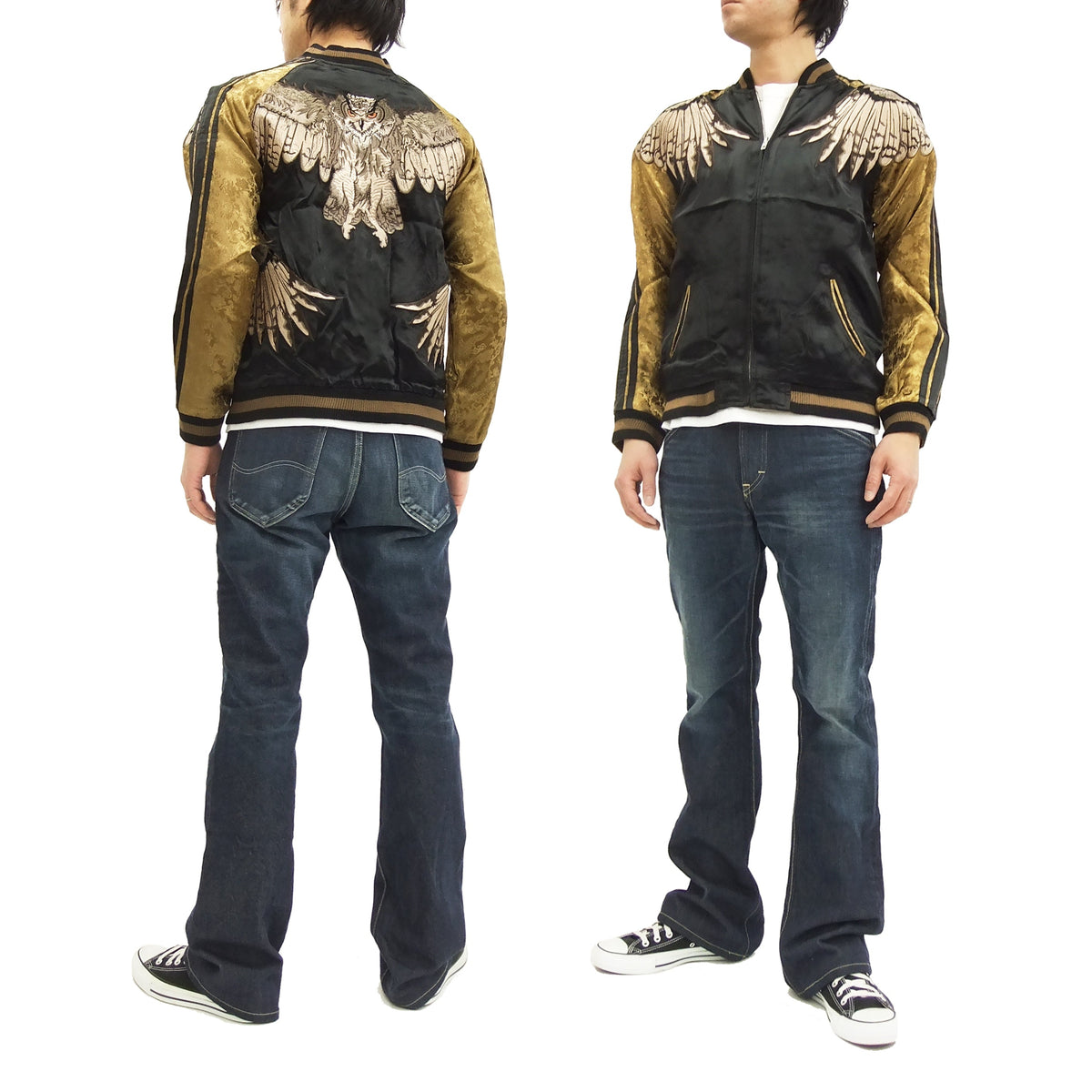 Hanatabi Gakudan Men's Japanese Souvenir Jacket Japanese Owl Sukajan Script SSJ-009