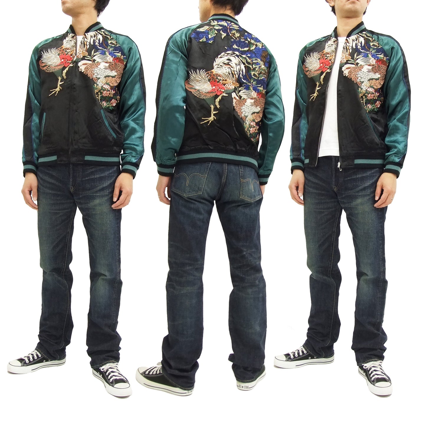 Hanatabi Gakudan Men's Japanese Souvenir Jacket Rooster and Hen Japanese Art Sukajan Script SSJ-018