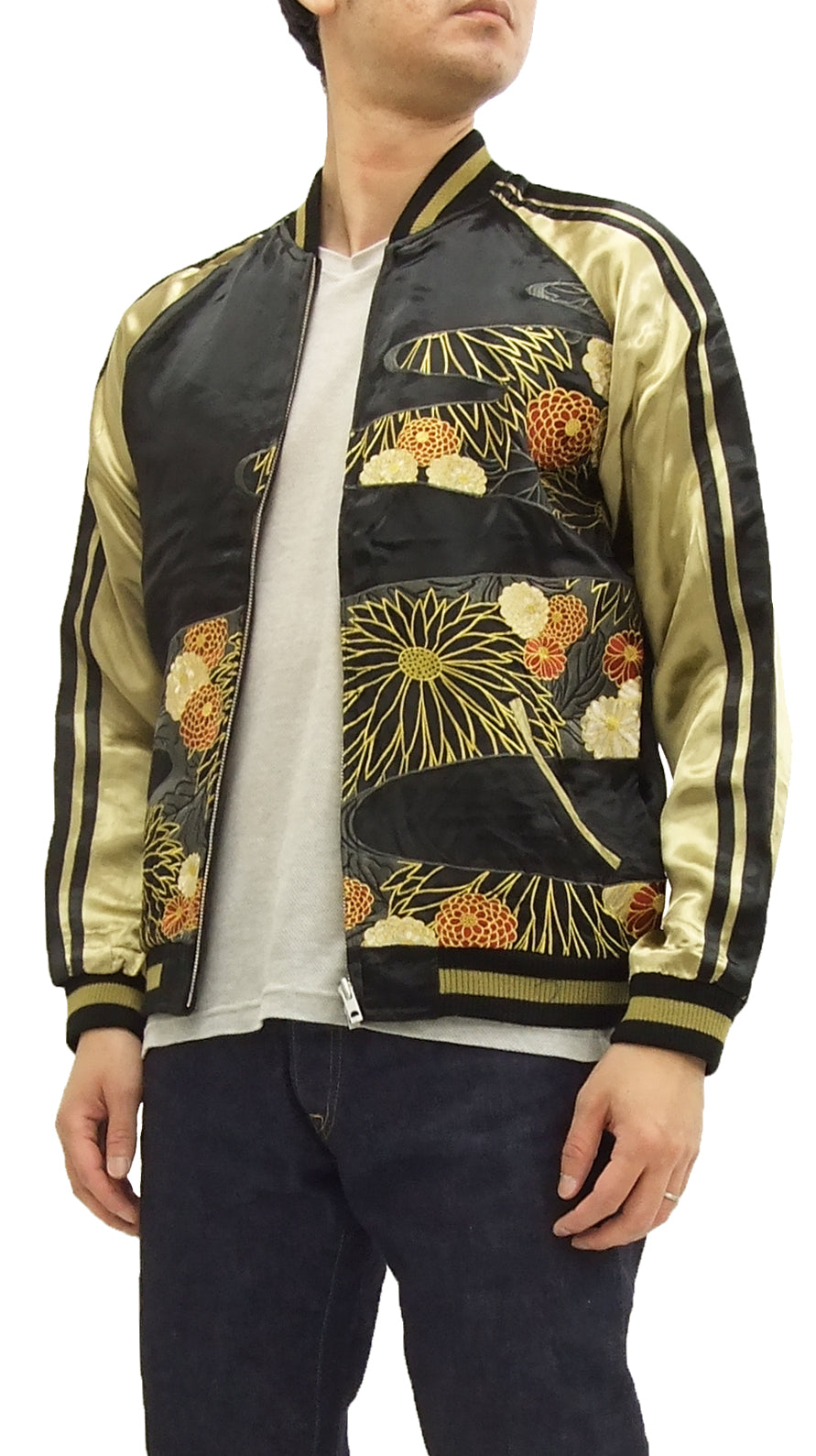 Hanatabi Gakudan Men's Japanese Souvenir Jacket Japanese crane Sukajan Script SSJ-020