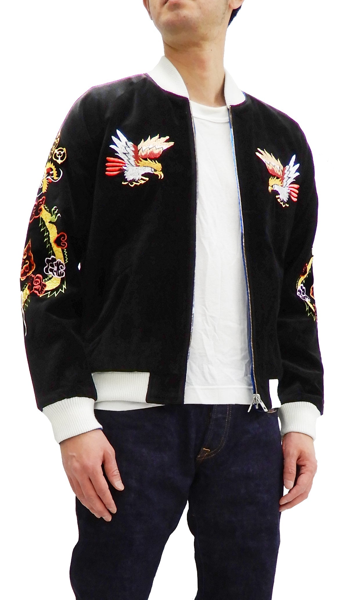 Hanatabi Gakudan Men's Velvet Japanese Souvenir Jacket Japan Map Sukajan Script SVJ-001