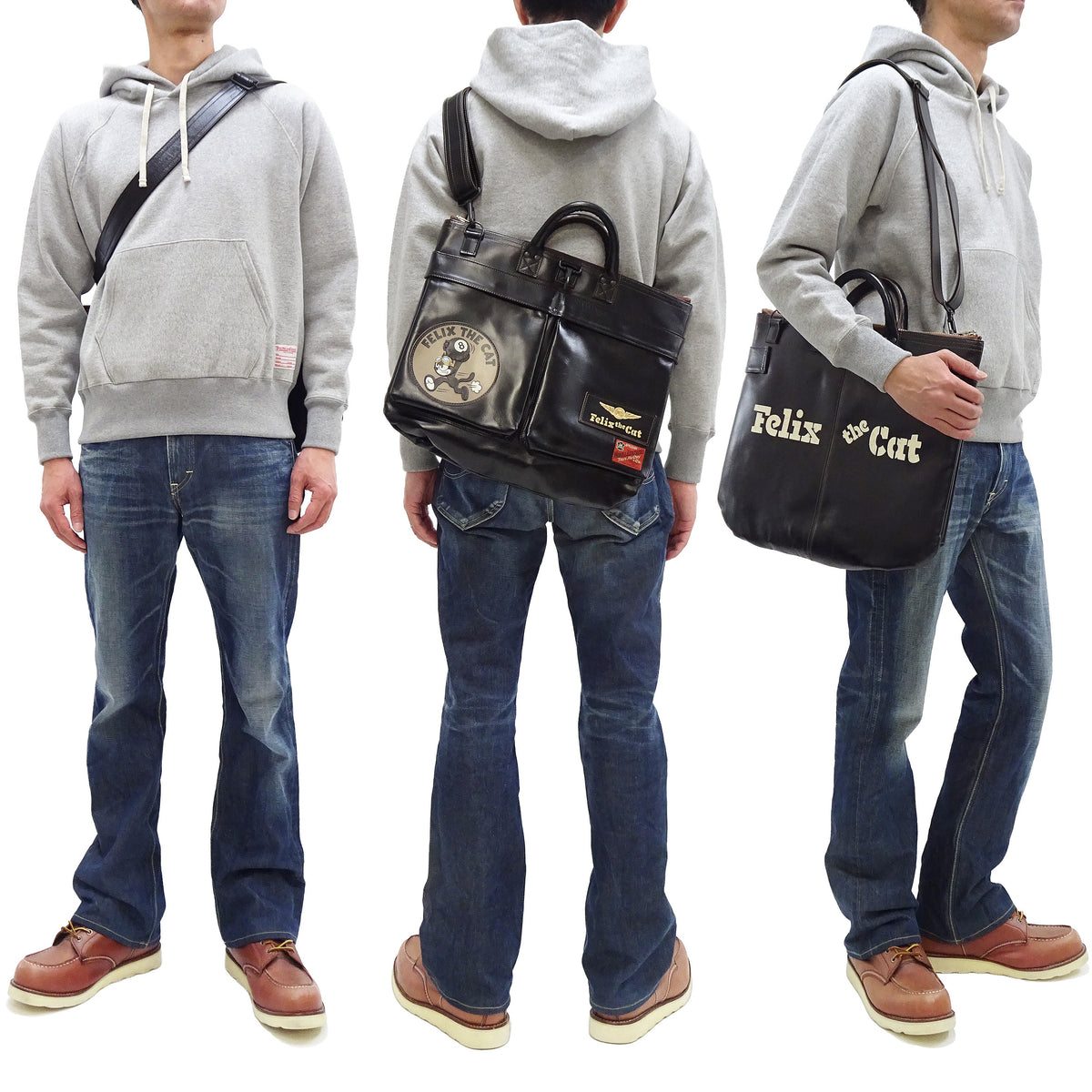 TOYS McCOY Men's Felix the Cat Leather Shoulder Bag - Black Horsehide, U.S. Air Force Helmet Bag Inspired, Made in Japan (TMA2523 031 Black)