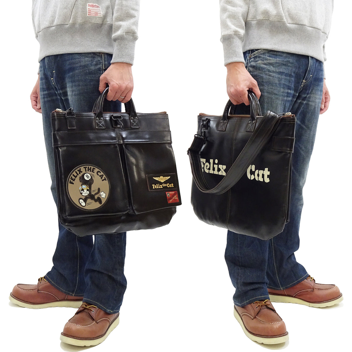 TOYS McCOY Men's Felix the Cat Leather Shoulder Bag - Black Horsehide, U.S. Air Force Helmet Bag Inspired, Made in Japan (TMA2523 031 Black)