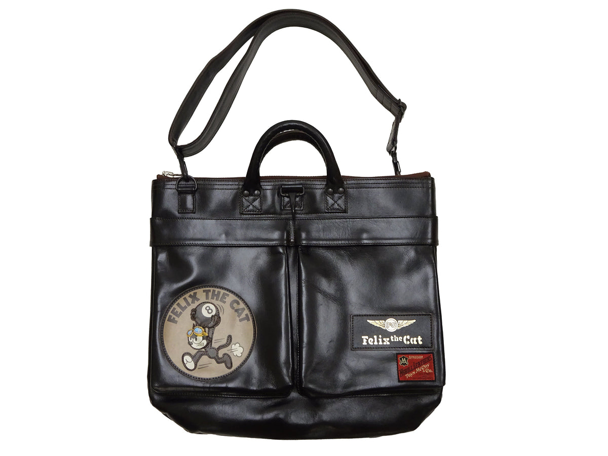 TOYS McCOY Men's Felix the Cat Leather Shoulder Bag - Black Horsehide, U.S. Air Force Helmet Bag Inspired, Made in Japan (TMA2523 031 Black)
