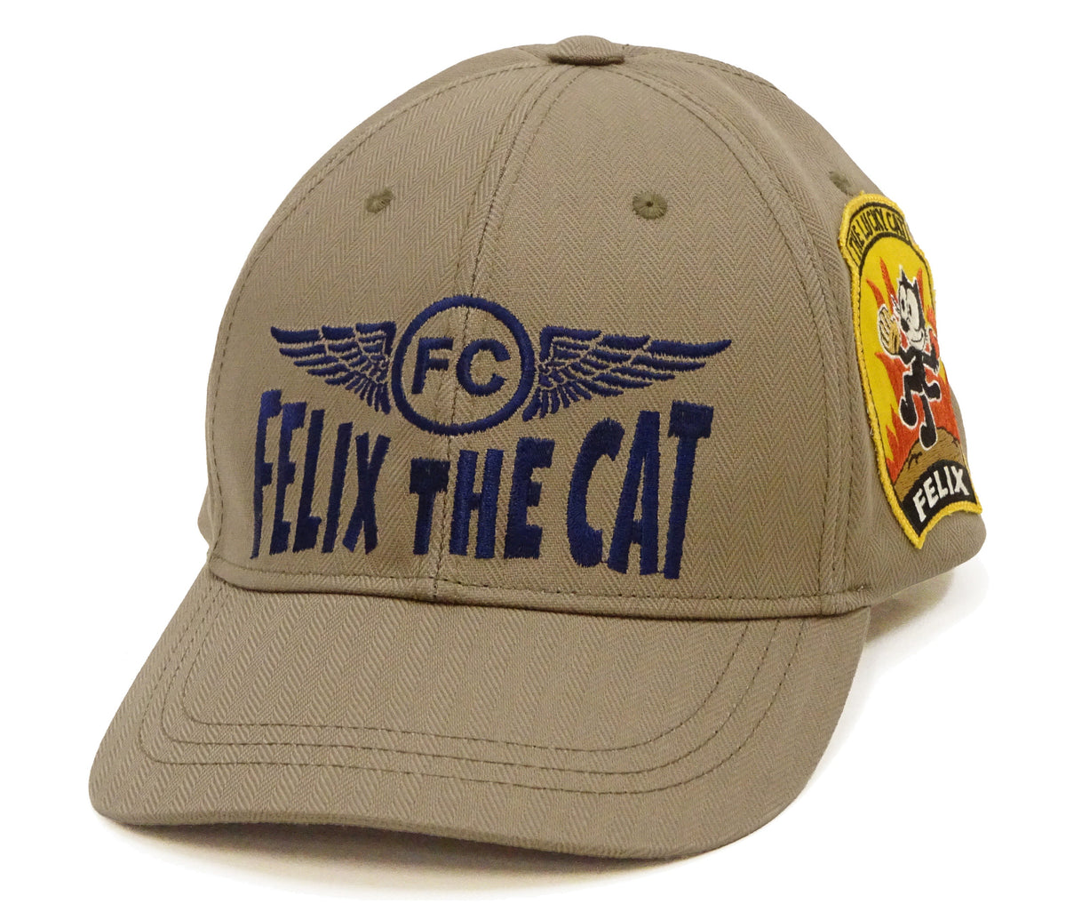 TOYS McCOY Men's Felix the Cat Non-Mesh Herringbone Twill 6-Panel Baseball Cap with Leather Strap Back, Made in Japan (TMA2601 041 Khaki)