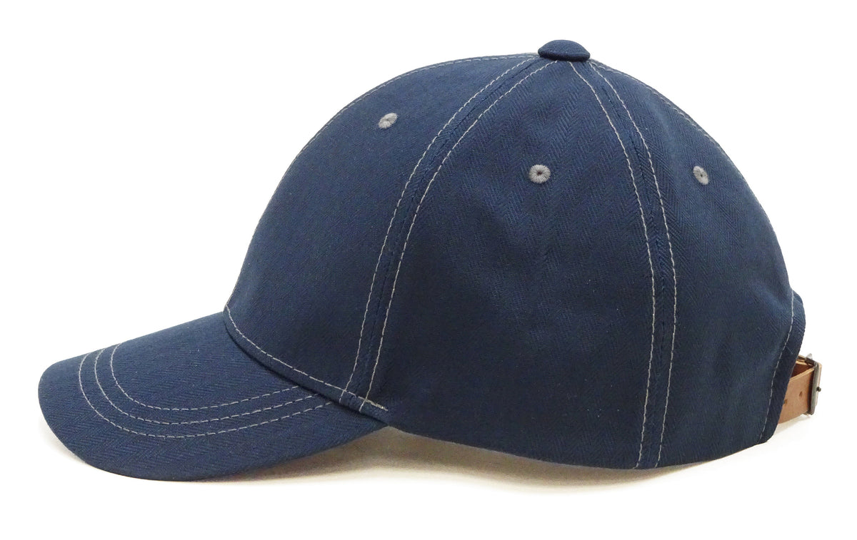 TOYS McCOY Men's Solid Baseball Cap (No Mesh) - Mid-Profile 6-Panel Cotton Herringbone Twill (HBT), Pre-Curved Brim, Leather Strap Back, Made in Japan (TMA2614 Color 120: Blue-Tinted Navy)