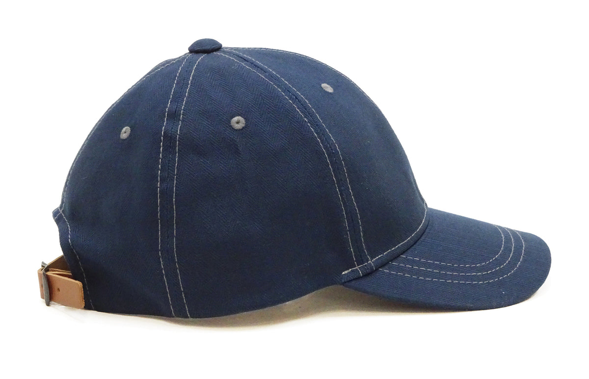 TOYS McCOY Men's Solid Baseball Cap (No Mesh) - Mid-Profile 6-Panel Cotton Herringbone Twill (HBT), Pre-Curved Brim, Leather Strap Back, Made in Japan (TMA2614 Color 120: Blue-Tinted Navy)