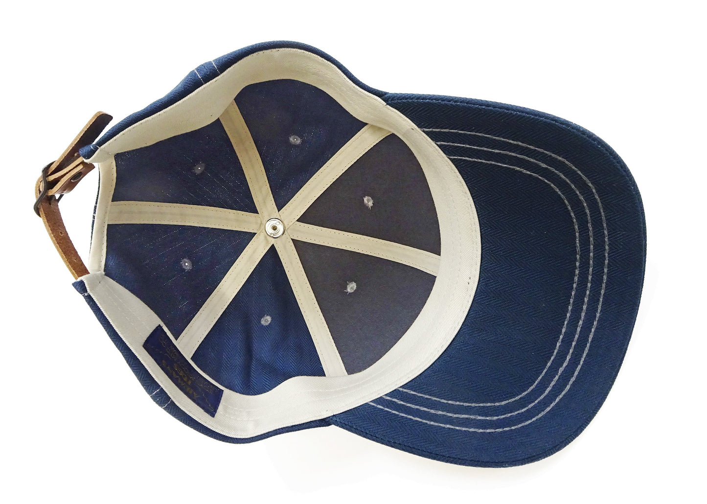 TOYS McCOY Men's Solid Baseball Cap (No Mesh) - Mid-Profile 6-Panel Cotton Herringbone Twill (HBT), Pre-Curved Brim, Leather Strap Back, Made in Japan (TMA2614 Color 120: Blue-Tinted Navy)