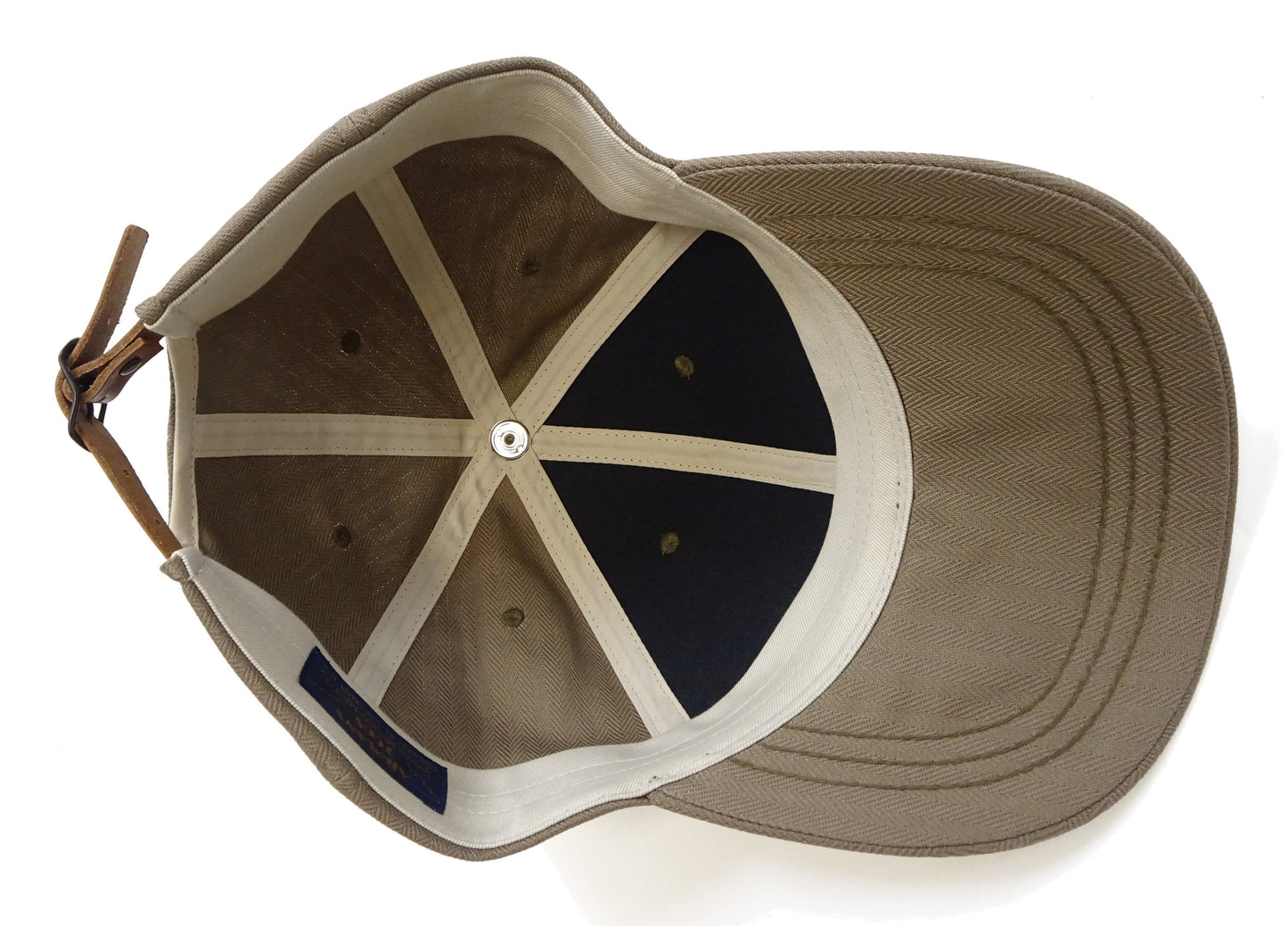TOYS McCOY Men's Solid Baseball Cap (No Mesh) - Mid-Profile 6-Panel Cotton Herringbone Twill (HBT), Pre-Curved Brim, Leather Strap Back, Made in Japan (TMA2614 Color 040: Sand Beige)